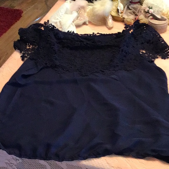Dark Blue Blouse with Lace/ Off Shoulder - Picture 1 of 1